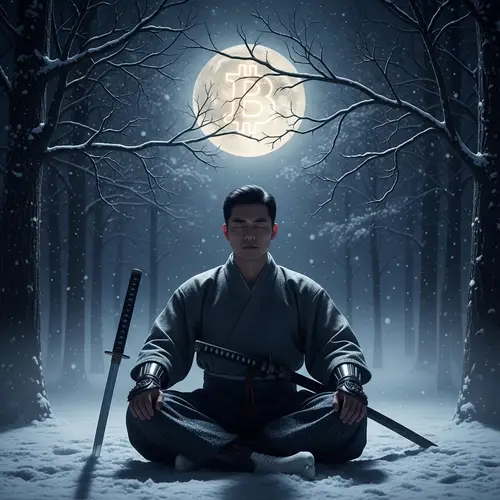 Samurai Meditation in a Winter Midnight Forest