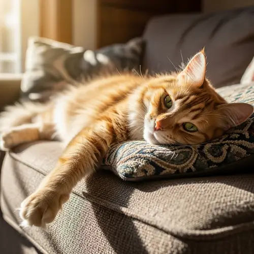 Fluffy Green-Eyed Domestic Cat Lounging on Sunlit Couch