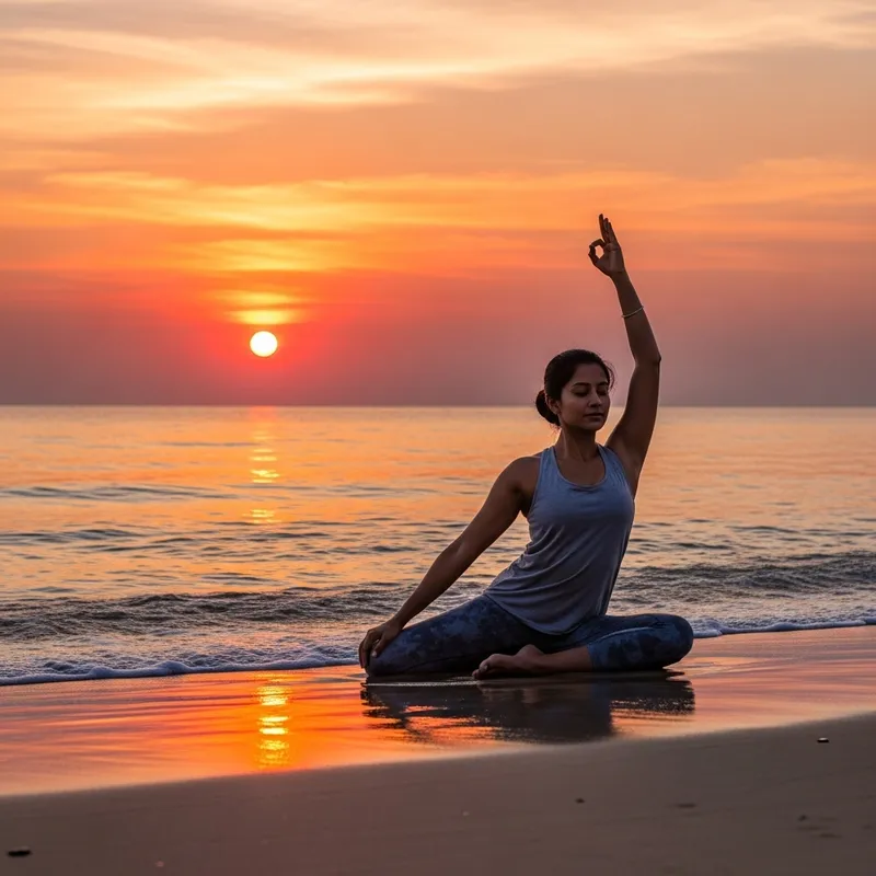 Calm Beach Yoga Meditation Woman Sunset Image