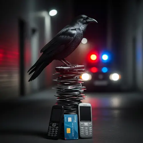 Mysterious Raven Perched on Bank Cards in Noir Alleyway