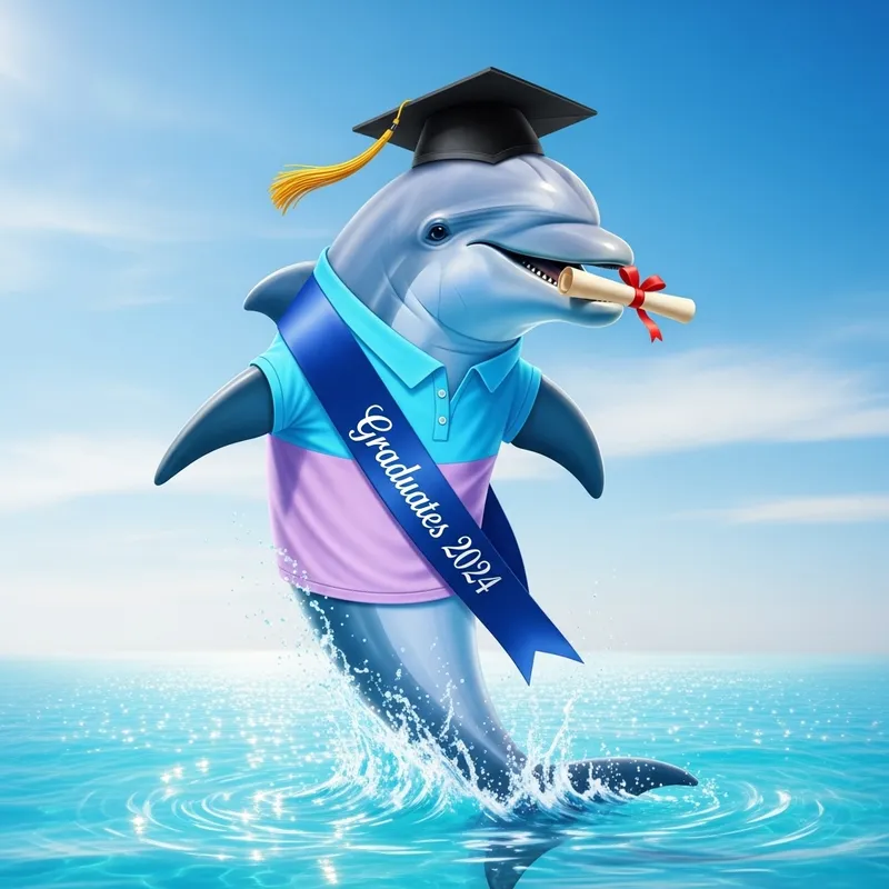 Sky-Blue Dolphin Graduates 2024 with Diploma, Cap & Sash