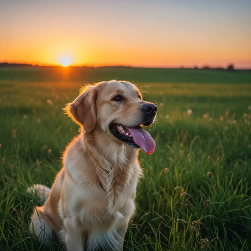 Happy Dog Watching Sunset in Grassy Field