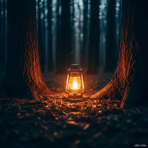 Small Lantern Lighting Up Mysterious Forest