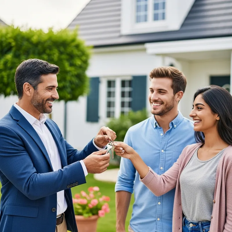 Attractive Real Estate Agent, 45, Hands Keys to Happy Young Couple