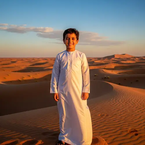 Smiling Saudi Boy in Traditional Thobe | Desert Background