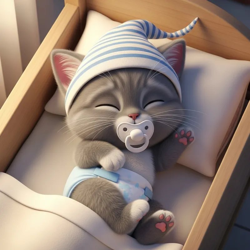 Cute Baby Kitten in Diapers and Pacifier Sleeping in Animated Baby Cradle