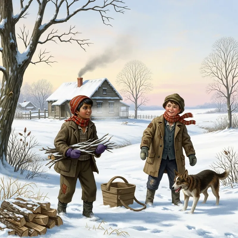 Winter Village Life: Two Young Boys Experience Rural Joy