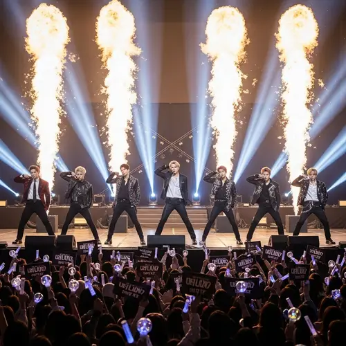 Dynamic South Korean Boy Band Performance w/ Pyrotechnics