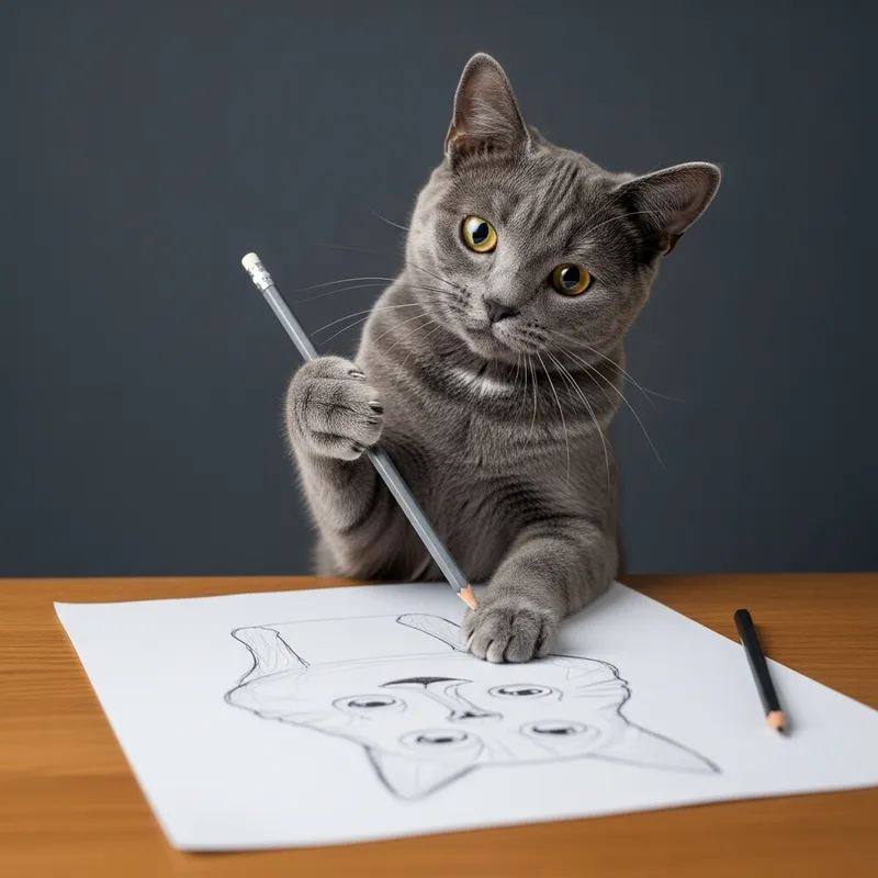 Playful American Shorthair Cat Drawing with a Pencil