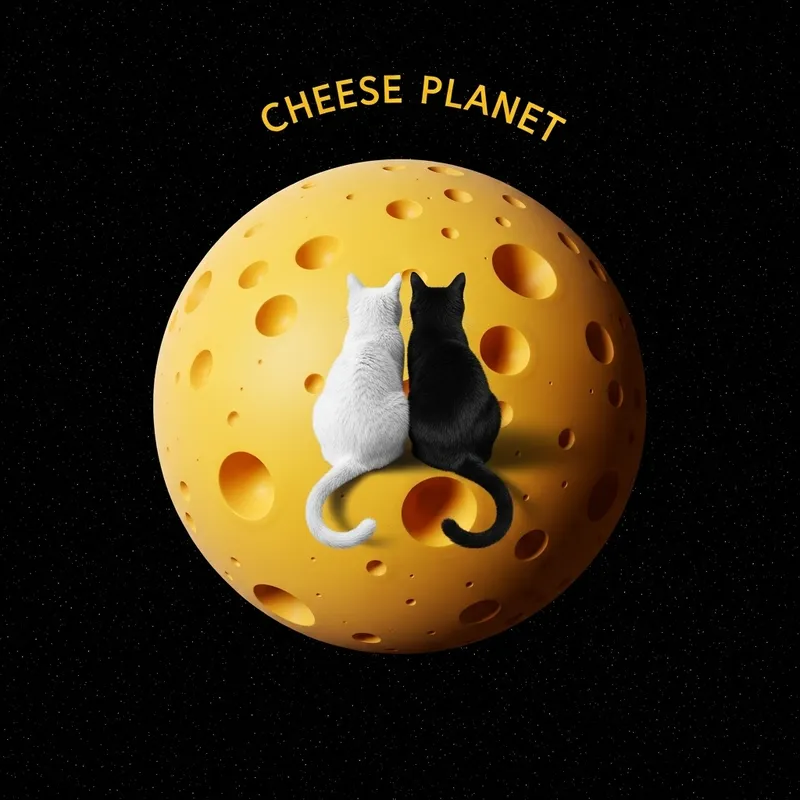 White and Black Cats on Cheese Planet