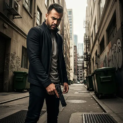 Urban Action Movie Character Holding Gun - Dramatic Setting
