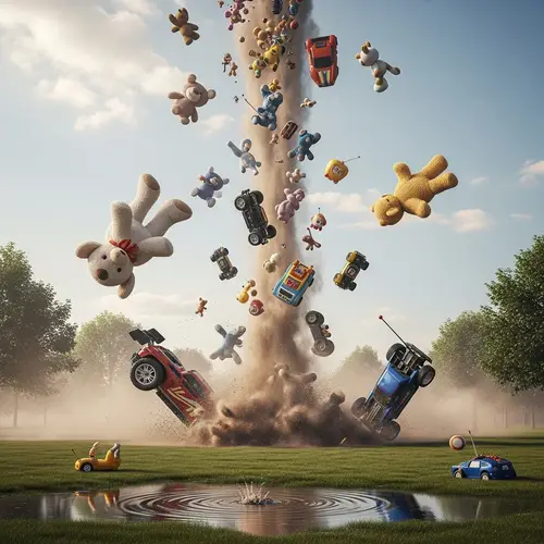 Surreal Cascade of Oversized Toys Falling from Cloudy Sky