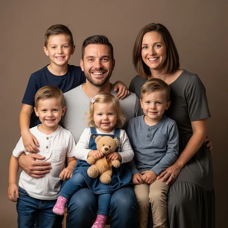 Beautiful Family Portrait: Parents, 2 Sons (8 & 3), and 4-Year-Old Daughter