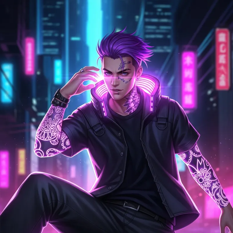Neon Cyberpunk Cityscape with Purple-Haired Male Neon Cyberpunk Cityscape with Purple-Haired Male