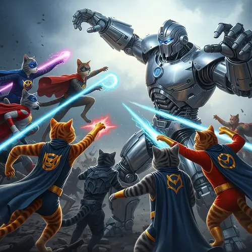 Superhero Cats vs Giant Robot Battle: Epic Showdown