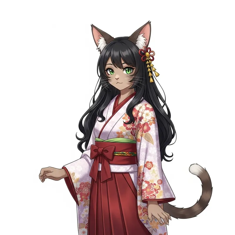 Cat Girl in Enchanting Kimono Costume - Mystical Feline Hybrid