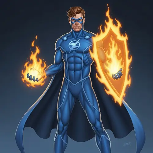 Vibrant Blue Suit Superhero With Fire Manipulation Abilities