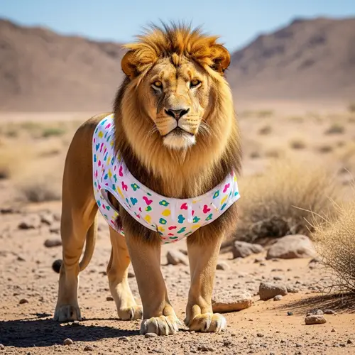 Lion in Colorful Swimwear Stands Out in Desert Landscape