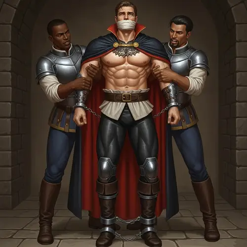 Muscular Prince Restrained by Palace Guards in Dark Dungeon