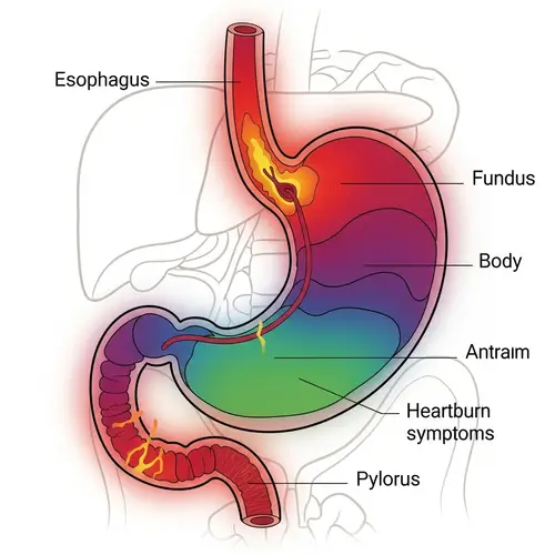 Colorful Illustration of Human Stomach with Heartburn Symptoms