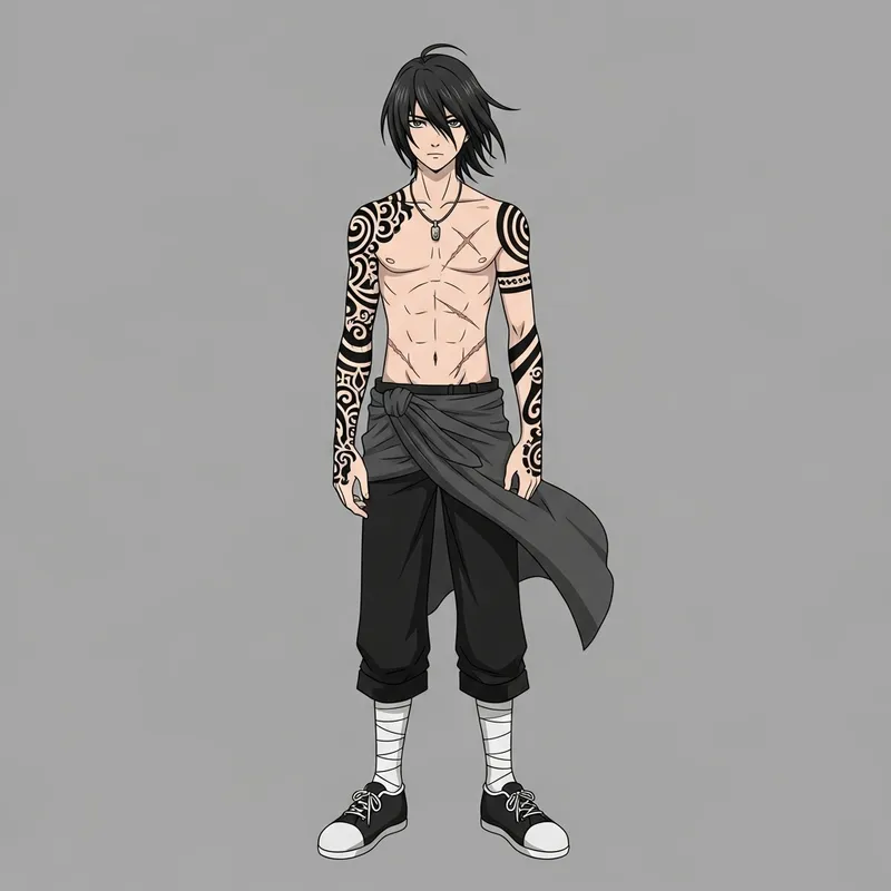 Anime Boy with Dark Hair, Scars, Arm Tattoos in Monochrome Setting
