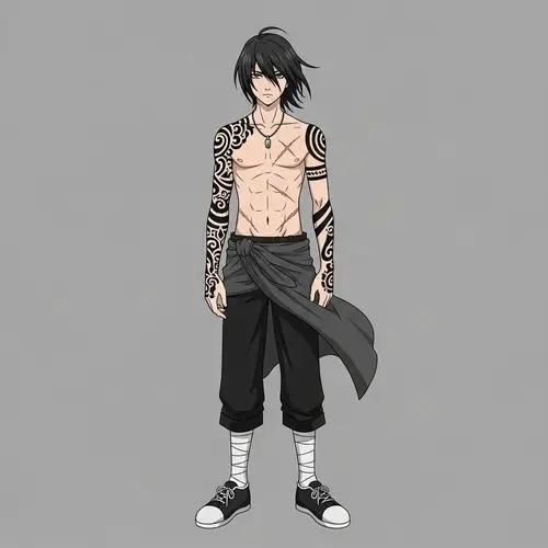 Anime Style Teenage Boy with Arm Tattoos and Scars