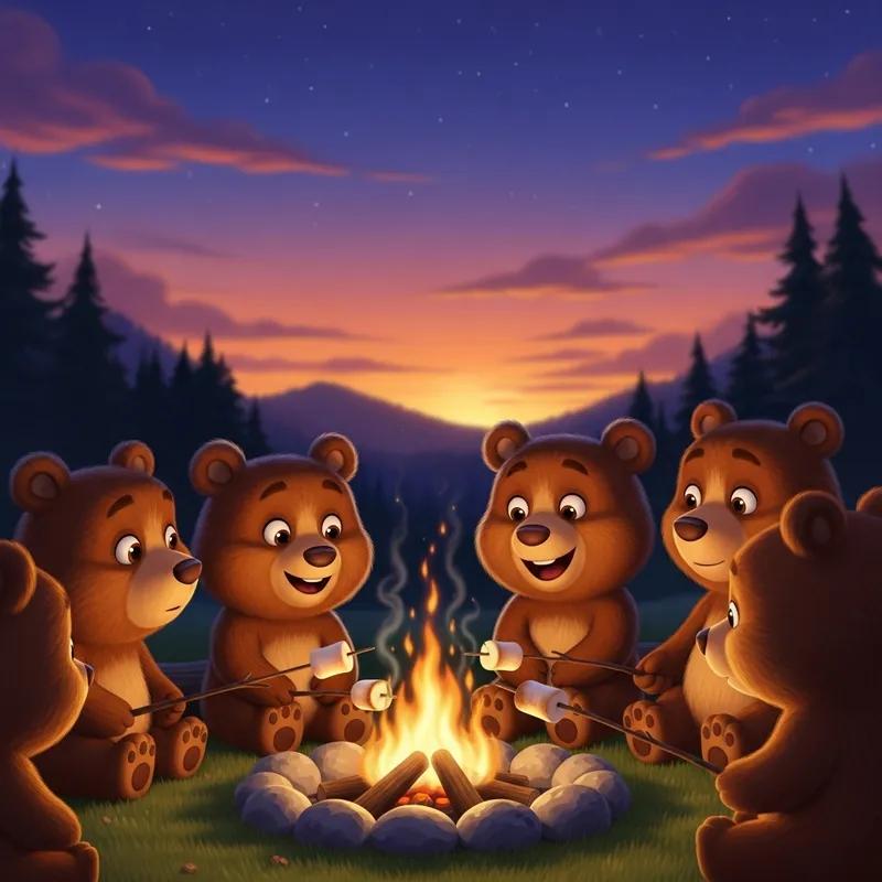 Brown Cartoon Bears Roasting Marshmallows by the Campfire