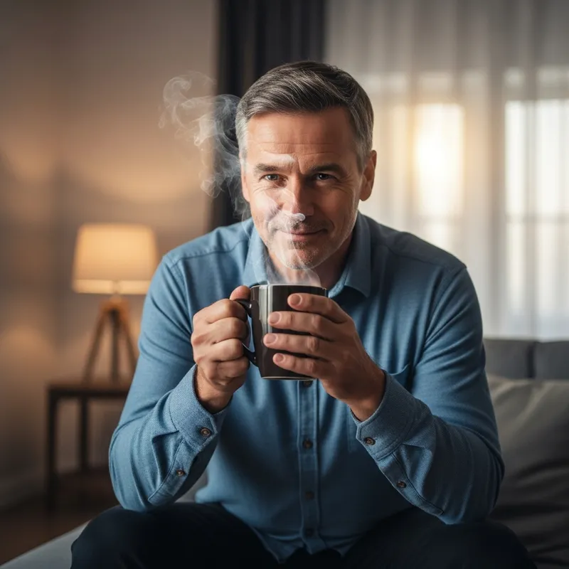 Middle-Aged Man Enjoying Steaming Coffee | Cozy Morning Scene Middle-Aged Man Enjoying Steaming Coffee | Cozy Morning Scene