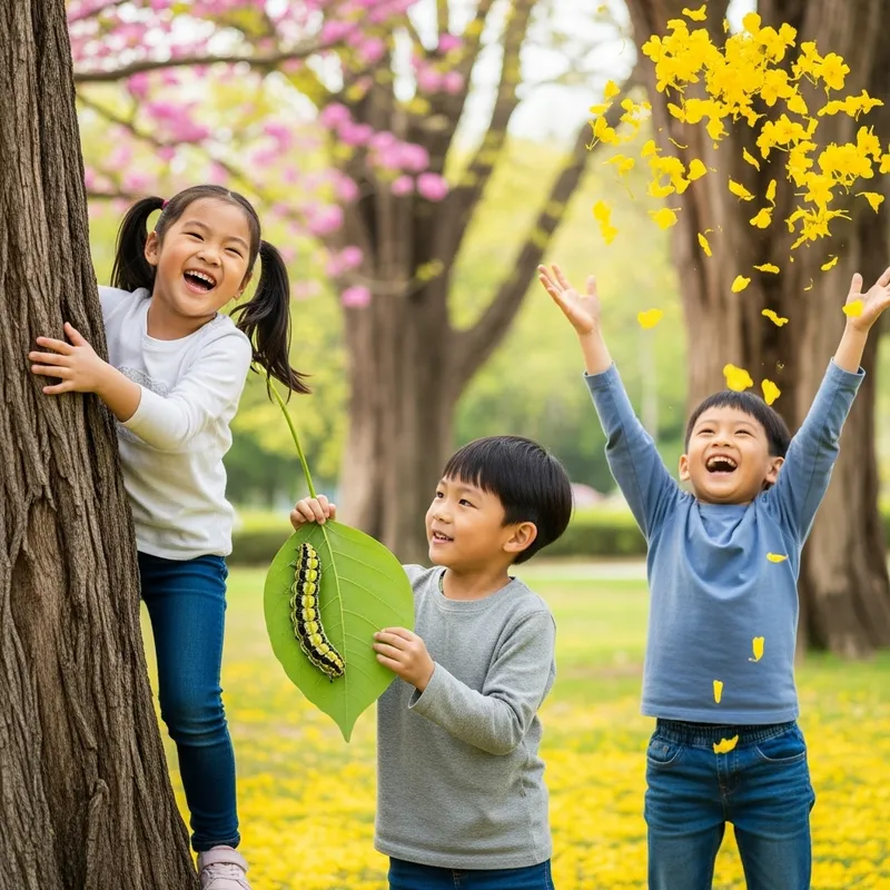Joyful Asian Children Playing in Enchanting Park