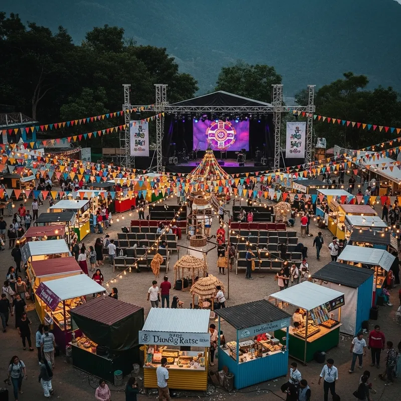 Lively Music Festival Decoration with Seating & Food Stalls