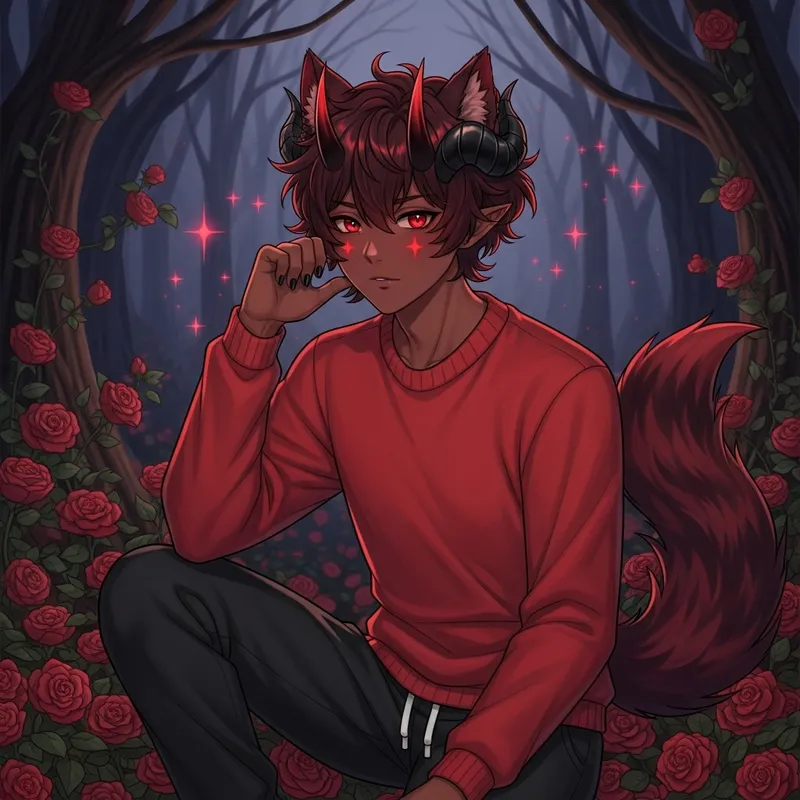 Red Haired Anime Character with Wolf Features in Dark Forest Red Haired Anime Character with Wolf Features in Dark Forest