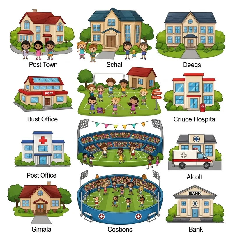 Colorful Cartoon Town Planning: Residential Buildings, School, Post Office, Hospital, Stadium, Bank