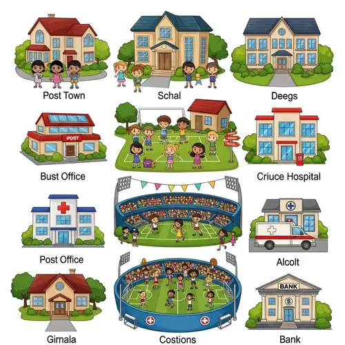 Colorful Cartoon Town Planning: School, Hospital, Stadium & Bank