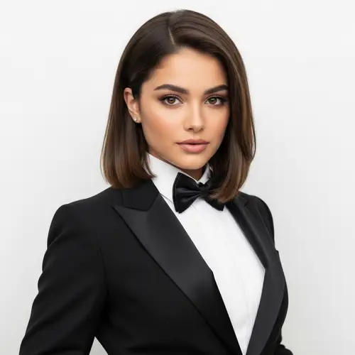 Young Female Celebrity in Black Tuxedo | Brown Hair & Eyes