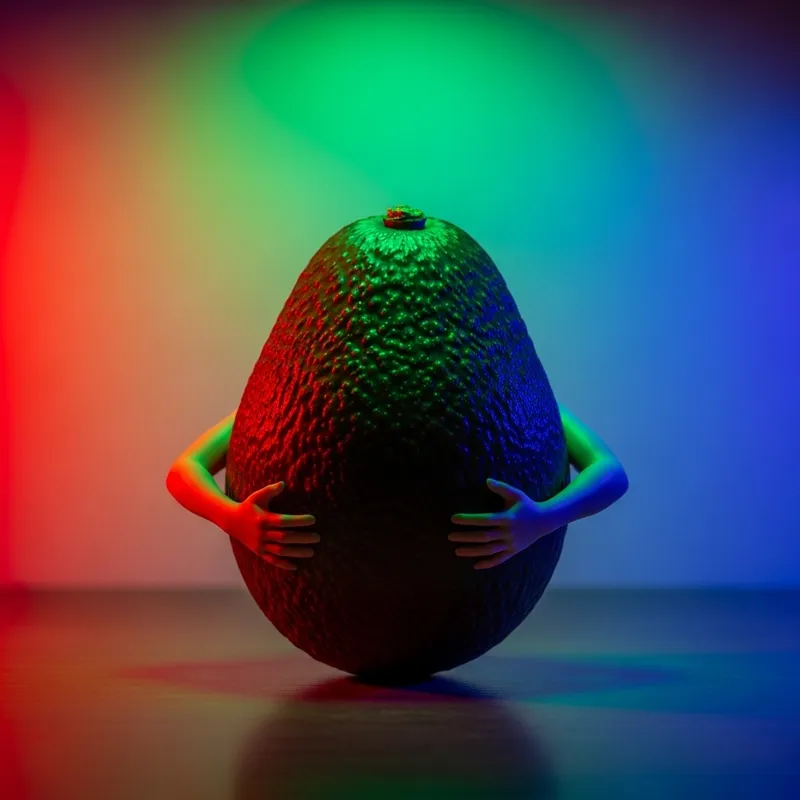 Avocado with Hands Under RGB Lights