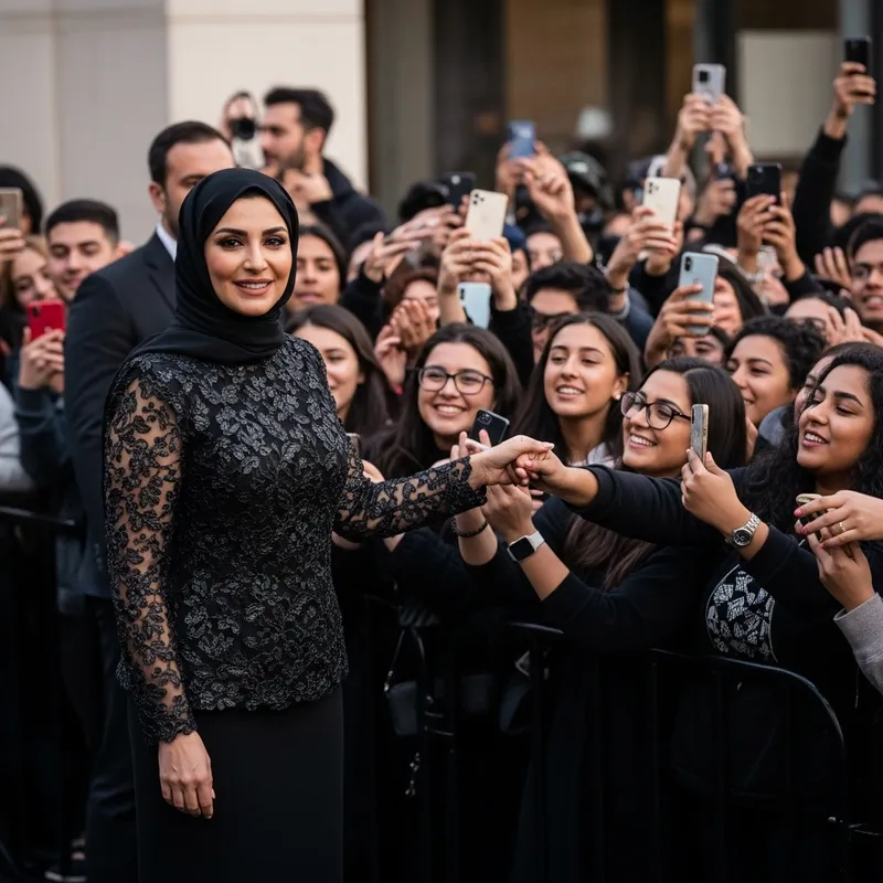 Inspiring Woman Atop Peak Gazing at Admiring Crowd Inspiring Woman Atop Peak Gazing at Admiring Crowd
