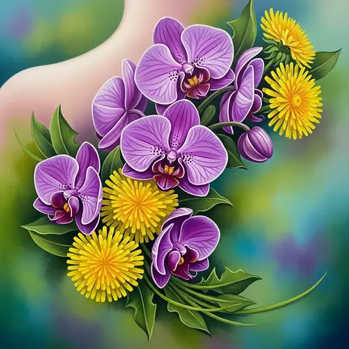 Purple Orchids & Yellow Dandelions Acryl Tattoo Design
