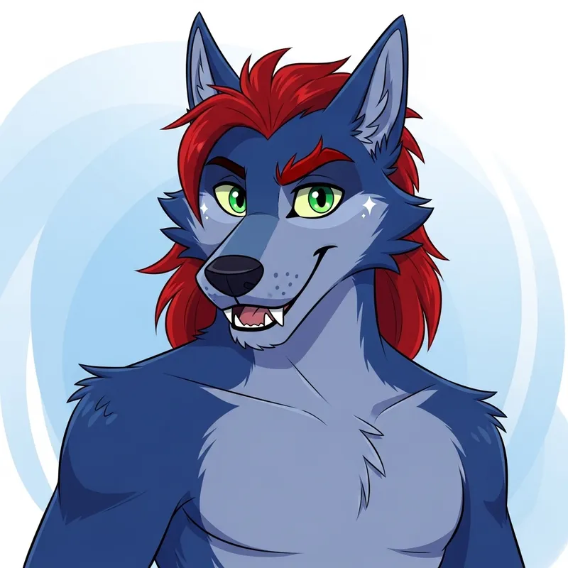 Cartoon Furry Blue Wolf with Red Hair and Green Eyes