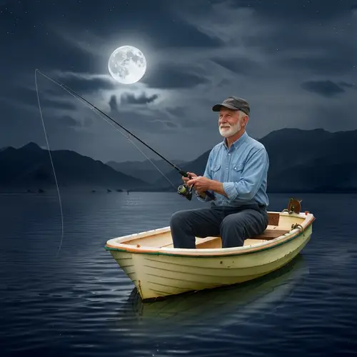 Happy Elderly Man Fishing at Night on a Boat