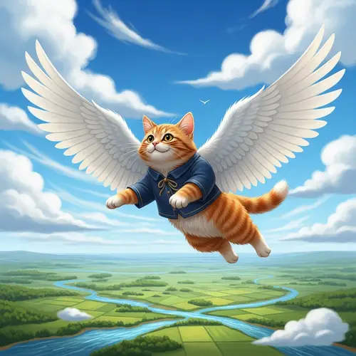 Whimsical Ginger Cat Soaring in Joyful Exhilaration