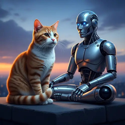 Captivating Cat and Android Scene | Serene Mutual Curiosity