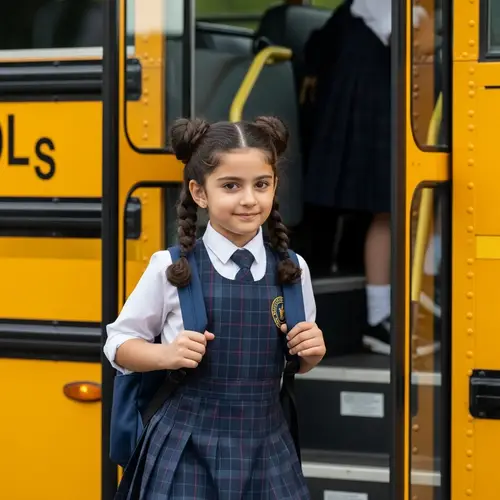 Middle-Eastern School Girl with Space Buns | School Bus Exit