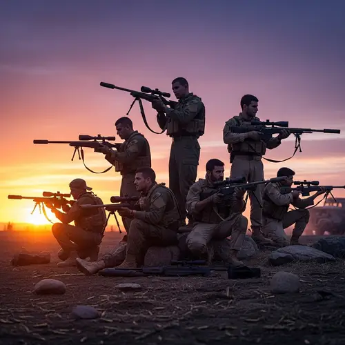 Team of Snipers at Sunset on the Battlefield