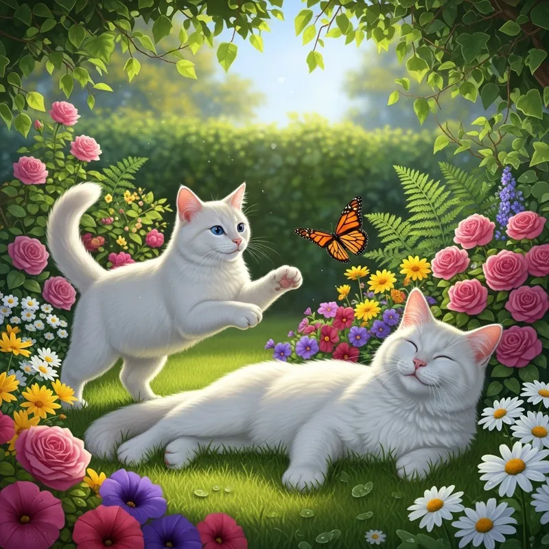 Happy White Cats with Blue Eyes Frolicking in Garden
