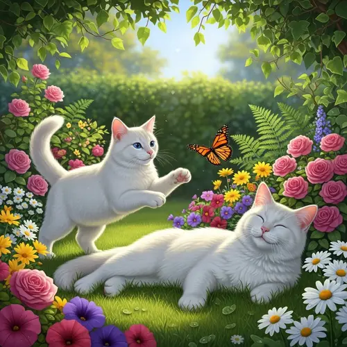 Happy White Cats with Blue Eyes in Garden | Playful and Serene Scene