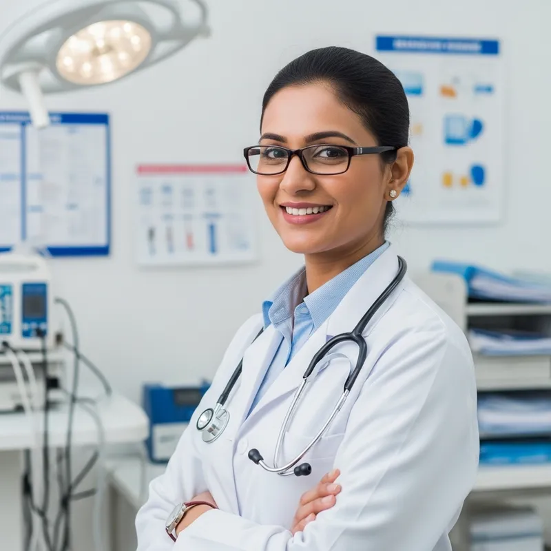 Professional South Asian Female Doctor in White Coat with Stethoscope