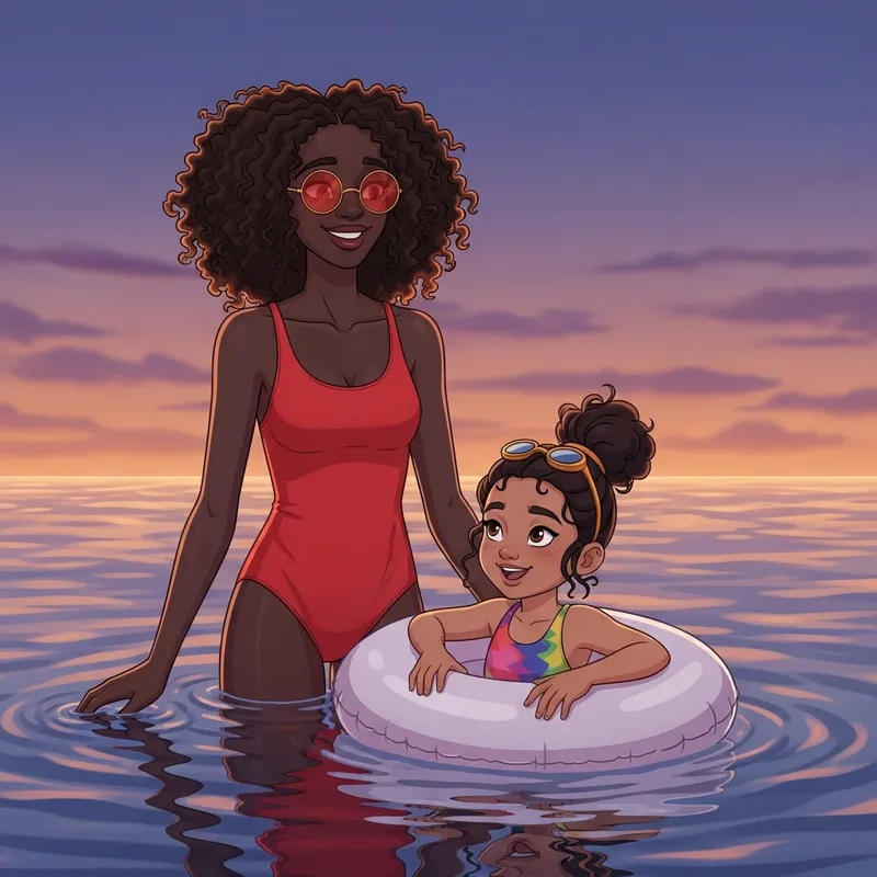 Girls in Water: Twilight Reflection with Smiling Faces