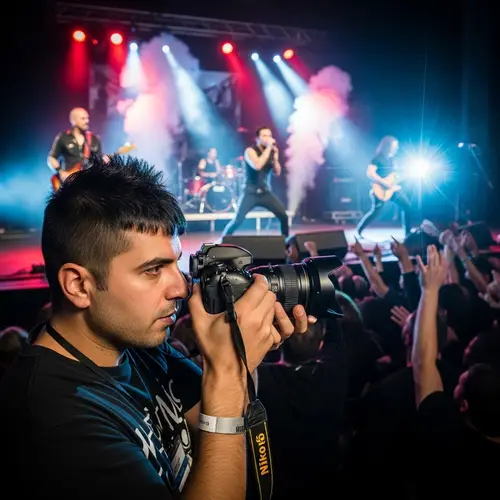 Middle-Eastern Male Capturing Moments at Rock Concert with Nikon Camera