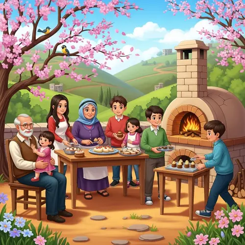 Heartwarming Scene of Levantine Family Preparing Desserts Outdoors