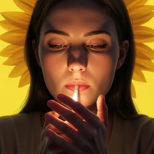 Hyperrealistic Portrait of Caucasian Woman Lighting a Cigarette